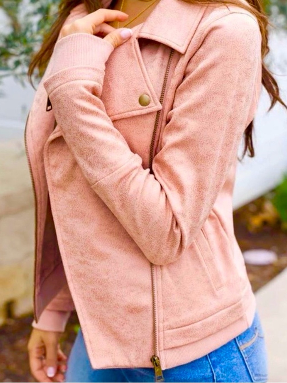Grace & Lace Blush/Peach Leather Look Moto Fleece Jacket (Like New - Size S)